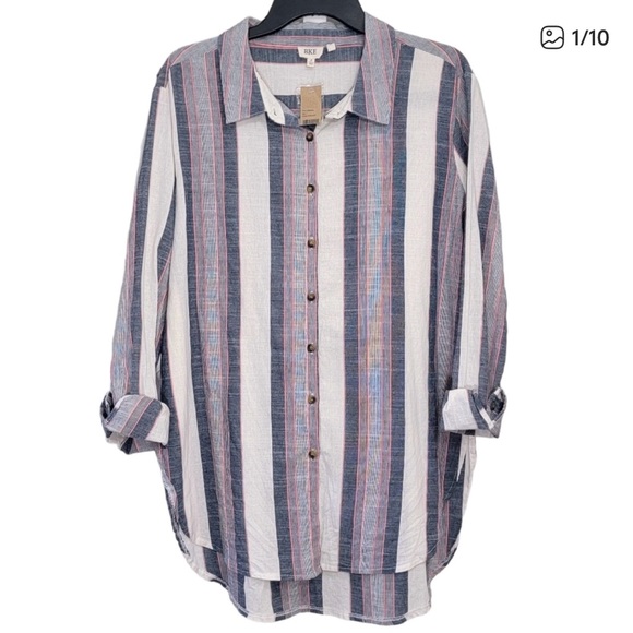 BKE Striped Oversized 100% Cotton Long Sleeve Button Down Shirt NWT Women Small - Picture 1 of 10